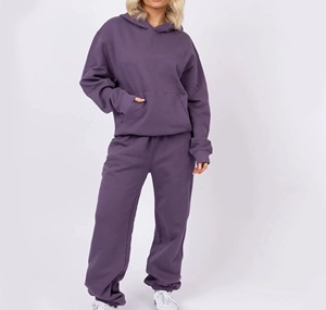 Conjunto de Sudadera y Pantalones Deportivos de Dos Piezas para Mujer, Color Morado, Hombros Caídos, Felpa, Sudadera con Capucha y Pantalones con Puños Acanalados, Estilo Deportivo - Product Image 1
