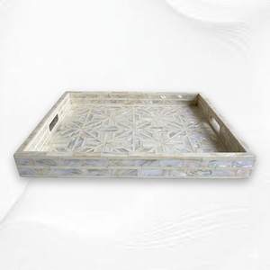 Bandeja decorativa artesanal con incrustaciones de nácar, diseño geométrico cruzado gris, bandeja con incrustaciones de nácar para el hogar y la oficina, en oferta. - Product Image 1