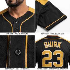 Maillot de baseball personnalisé noir et or en polyester, anti-humidité, entièrement boutonné, uniforme pour hommes, tenue d'équipe OEM, option nom de joueur - Product Image 4