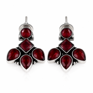 Fashion <b>Red</b> Gemstone Bezel Setting Stud <b>Earrings</b> Floral Statement Silver Plated Vintage Party Jewelry for Women Wholesale - Product Image 2