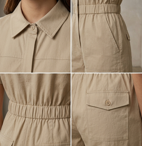 <b>Women's</b> Beige Oxford Shirt Collar <b>Utility</b> <b>Jumpsuit</b> Short Sleeve Solid Color Breathable Cotton Summer Wear Support Custom Design - Product Image 6
