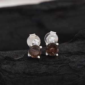 Solid 925 Sterling <b>Silver</b> <b>Stud</b> Earrings Round Faceted Smoky Quartz Zircon Claw Setting Classic Women's Fine Jewelry Everyday Wea - Product Image 2