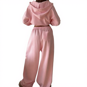 Women's Winter <b>Pink</b> Hooded Fleece <b>Tracksuit</b> <b>Set</b> Full Sleeve Loose Fit Solid Color Sweatshirt Pants Drawstring Side Pockets - Product Image 2