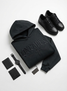 Sweat-shirt à capuche noir brodé pour homme en molleton de coton premium, style streetwear, avec logo personnalisé, vente en gros, tendance - Product Image 3