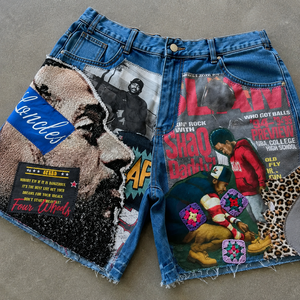 Shorts de mezclilla personalizados unisex con estampado patchwork estilo hip hop, con apliques y dobladillo deshilachado, azules, de algodón, estilo casual urbano. - Product Image 4
