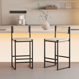 Style B Noir et Blanc Crème – Lot de 2 Tabourets de Bar Tressés avec Dossier, Chaises de Salle à Manger en Corde de Papier pour Îlot de Cuisine - Product Image 2