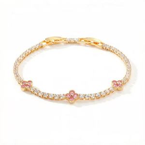 <b>Cute</b> And Unique Style Gold Plated Tennis <b>Bracelet</b> With Pink Flower GRA Certified Channel Setting Moissanite Women's Jewelry - Product Image 1