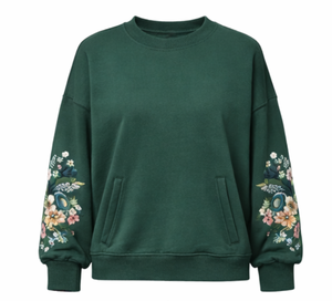Felpa Oversize <span class=keywords><strong>da</strong></span> <span class=keywords><strong>Donna</strong></span> con Collo Rotondo, Ricamo Floreale e Maniche a Lanterna in Cotone Lavorato a Maglia, Stile Autunnale - Product Image 2