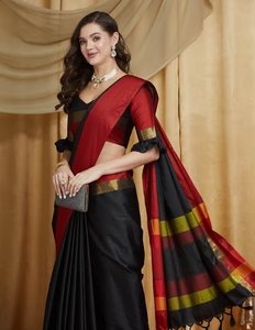 KV Women's Black & <b>Red</b> Cotton Silk Solid Print Saree With Unstitched <b>Blouse</b> - Product Image 4