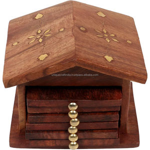 Juego de 4 Posavasos de Madera con Incrustaciones de Latón de Estilo Clásico, Diseño Circular, 5 mm, de Madera de Sheesham, con Decoración Artística - Product Image 5