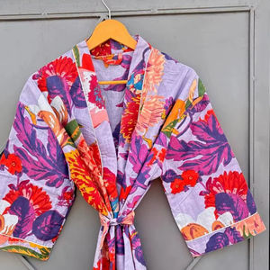 ชุดคลุมกิโมโนผ้าฝ้าย, ชุดคลุมเพื่อนเจ้าสาวลายบล็อกพิมพ์, ชุดนอนฤดูร้อน, ไซส์เดียว - Product Image 3