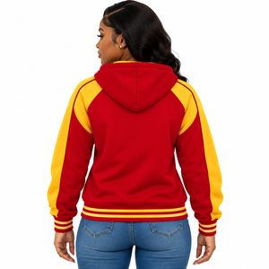 Sudadera con Capucha Premium PDK para Mujer, Color Rojo y Amarillo, con Bolsillos Delanteros, Cintura con Rayas y Cierre Completo con Cremallera, para Hermandades - Product Image 2