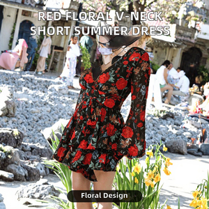 Floral <b>Print</b> Deep V Neck Long Sleeve Woven <b>Mini</b> Dress Ruffles High Waist A-Line Breathable Sexy Women's Summer Leisure Casual - Product Image 6