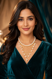 Elegant Women's cultured Pearl Tassel <b>Statement</b> <b>Necklace</b> Gold Plated Wedding Jewelry Round Bead Design - Product Image 3