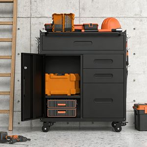Armadio Portautensili Mobile da 87 cm con Scomparto Chiudibile a Chiave, 4 Cassetti, Cassettiera in Acciaio su Ruote per Garage e Officina - Product Image 3
