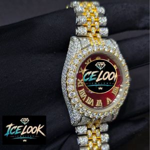 นาฬิกาข้อมือสุดหรู Ice Look ขนาด 43 มม. ระบบควอตซ์ ตัวเรือนสแตนเลส ฝังเพชร สายสองสี หน้าปัดตัวเลขโรมัน - Product Image 3