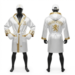 Bata de Boxeo Unisex de Satén Premium de 220 GSM con Detalles en Cuero, Absorbente de Humedad, Blanco con Ribete Dorado, Logotipo Personalizado Bordado, Cordones en las Muñecas y Capucha - Product Image 1