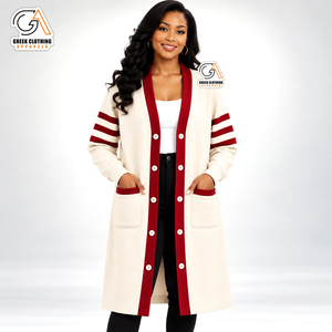 Alpha Kapa Wholesale Women's Long <b>Cardigan</b> Plus Size Cream Red Stripes Button Front Casual Autumn Sweater V-Neck Full Sleeve - Product Image 1