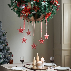 Handmade Red Metal <b>Star</b> And Bell Christmas Ornaments Featuring White Painted Floral Details And Jute Twine Hangers Festive <b>Decor</b> - Product Image 4