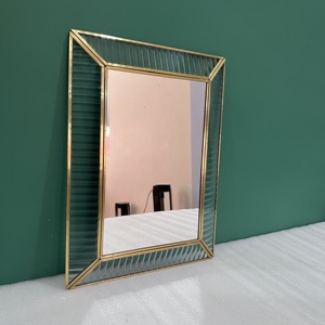 Modern Brass Framed <b>Hanging</b> Wall <b>Mirror</b> With Ribbed Glass Border Decorative Home Accent - Product Image 3