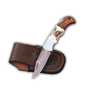 Cuchillo de Caza Plegable de Acero Inoxidable y Cobre Damasco con Mango de Cuerno de Ciervo y Funda de Cuero, Cuchillo para Exteriores 58HRC con Punta de Gota, ¡Gran Oferta! - Product Image 1
