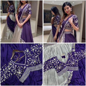 2026 Lehenga Choli en soie violet argenté, Dupatta pré-drapé, avec broderie Zari, pour mariée, style indo-occidental, tenue de mariage et de fête, Sun - Product Image 6