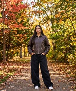 <b>Women's</b> <b>Brown</b> Genuine Sheep Skin Woven Zip Blouson <b>Jacket</b> Solid Pattern Turn Down Collar with Cherry Chain Charm Winter Autumn - Product Image 4