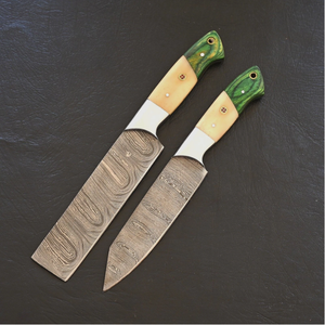 Juego de 2 cuchillos de cocina de hoja fija de acero de Damasco hechos a mano, con punta caída y hoja recta, de grado industrial, con mangos de madera, OEM/ODM/OBM - Product Image 3