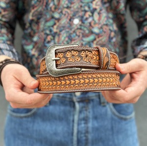 Genuine Leather <b>Belt</b> Cow Hide Braided Western <b>Buckle</b> <b>Silver</b> Pin Casual Style Durable 2.5 Inches Width - Product Image 6