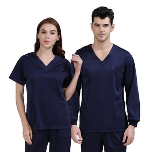 Unisex Navy <b>Blue</b> V-Neck <b>Scrub</b> Tops Short Sleeve Long Sleeve Hospital Uniforms Cotton Polyester Woven <b>Scrubs</b> for Doctors Nurses - Product Image 1