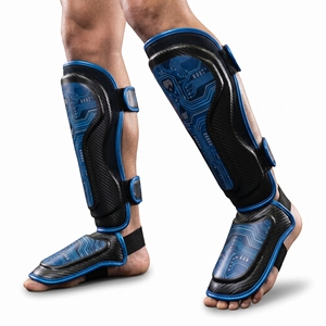 Protège-tibias professionnels en néoprène bleu et blanc, élastiques, ajustables avec fermeture auto-agrippante pour la boxe, équipement de protection pour adultes - Product Image 6