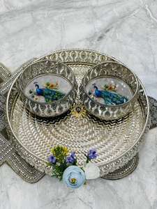 Luxurious Look Gold Coloured Brass Bowl Tray Set Handmade Rajasthan AARNA COLLECTION for Wedding Anniversary Gift <b>Red</b> Velvet <b>Box</b> - Product Image 4