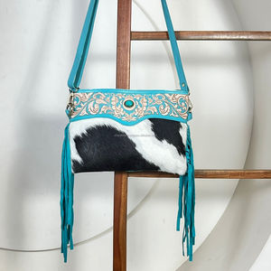 Nouveau sac à bandoulière en cuir de vachette véritable, style western, avec franges, motif floral gravé à la main, accent turquoise, pour femme - Product Image 4