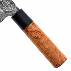 Cuchillo de Chef con Mango de Madera Color Ámbar y Patrón Damasco, con Virola Negra y Hoja Ancha Gris Plateado para Cortar Alimentos en la Cocina - Product Image 2