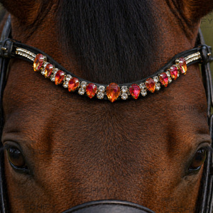 Diadema de Cuero Negro Premium para Caballo con Cristales de Estrás Rojo Anaranjado Curvos y Brillantes para Equitación MS TECHIFY EXPORTS LB007 - Product Image 1