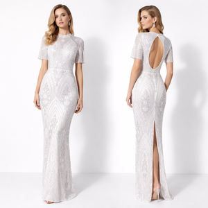 Elegant White Beaded Evening Dress | Women Cap Sleeve | Open Back Bodycon Formal Party Gown | Luxury <b>Sequin</b> | Mid-Calf Dress - Product Image 1