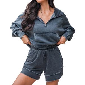 Conjunto de Sudadera con Capucha y Pantalones Cortos para Mujer, Ropa Informal, Sudadera con Capucha y Pantalones Cortos con Lavado Ácido, Conjunto Casual Personalizado para Mujer 2026 - Product Image 3