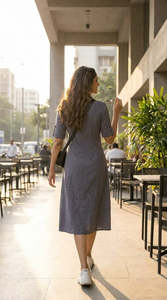 Robe chemise midi décontractée en lin et coton, col à revers, manches 3/4, couleur unie, respirante, coupe ample, pour l'été et le quotidien - Product Image 4