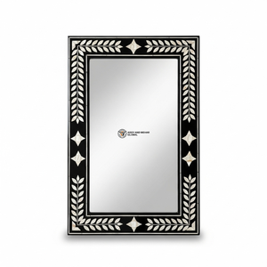 Miroir mural décoratif Art Déco fait main en laurier noir et ivoire avec accents géométriques en étoile pour mariage - Product Image 1