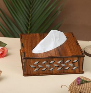 Lavie Creations – Boîte à mouchoirs moderne en bois de manguier, finition brune, faite à la main, support pour papier, pour mariage et fête, Uttar Pradesh LCa-379 - Product Image 1