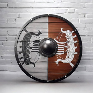 Bouclier en bois de style viking traditionnel, design nordique rond, fait main, pour costume historique et décoration murale - Product Image 1