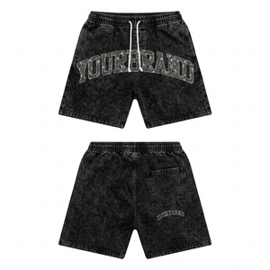 <b>Men</b> Acid Wash <b>Shorts</b> Premium Cotton Denim 300 GSM <b>Black</b> Gray Elastic Waist Rhinestone Logo Casual Streetwear Custom Clothing Fit - Product Image 1