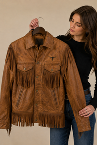 Men's Genuine Leather Eco-Friendly Windproof Western Fringe Jacket Distressed <b>Tan</b> <b>Brown</b> Cowboy Style Zipper Custom Logo OEM ODM - Product Image 3