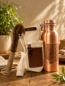Middle Etching Copper Water <b>Bottle</b> With <b>Cleaning</b> <b>Brush</b> Portable Travel Drinkware Minimalist Design Beige Canvas Carry Bag - Product Image 1