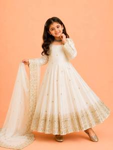 White Traditional Indian Pakistani Girls' Silk Micro Cotton Anarkali Suit Embroidered Dupatta Floor-Length Wedding Wear Quick - Product Image 4