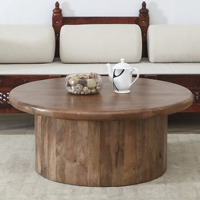 Table basse en bois de manguier massif Holloway, plateau rond avec base en forme de tambour, pour le salon, table basse de canapé