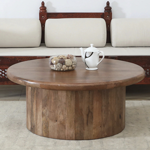 Mesa de Centro de Madera de Mango Sólida, Modelo Holloway, con Tapa Redonda y Base de Pedestal Estilo Tambor, para Sala de Estar - Product Image 1