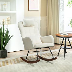 Sedia a dondolo in bianco crema con schienale alto e poggiatesta sedia da allattamento per soggiorno camera da letto con cuscino in legno - Product Image 2