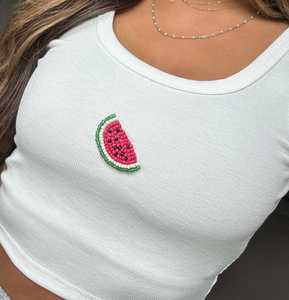 T-shirt classique ample et décontracté en tricot respirant à col rond avec diamants, paillettes et perles en coton épais - Product Image 6