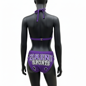 Conjunto de Bikini para Mujer, Tejido Texturizado Premium de Poliéster y Spandex, Color Morado, Estilo Halter, con Parche de Chenilla - Product Image 2